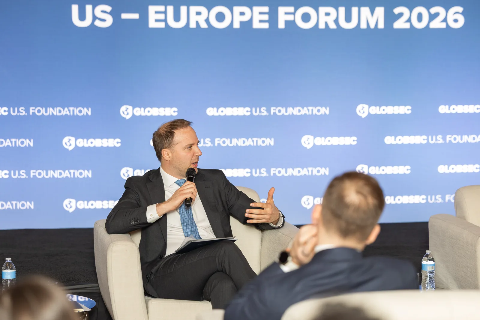 Erik Brattberg speaking on a panel at GLOBSEC