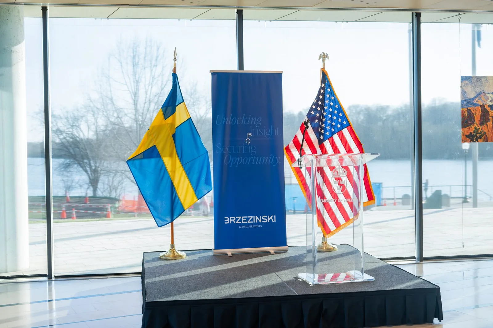 The Swedish and United States flags at the anniversary reception